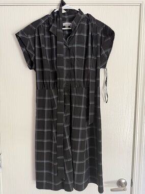 Calvin Klein Black Plaid Midi Shirt Dress with Tie Waist
